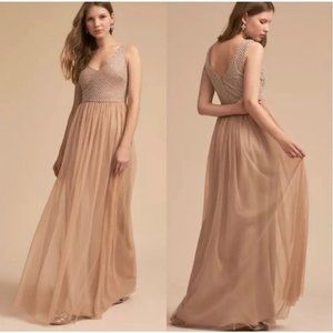 NWT Adrianna Papell BHLDN Bryce Pearl Beaded Long Gown in Champagne
